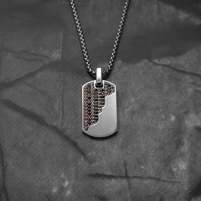 Mens Red Garnet Black Gemstone Dog Tag Pendant 925 Sterling Silver Necklace Gift