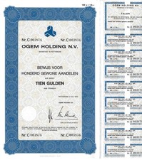 Akcje Ogem Holding 1000 guldenów 1973 z łukiem kuponu. Niebieski.