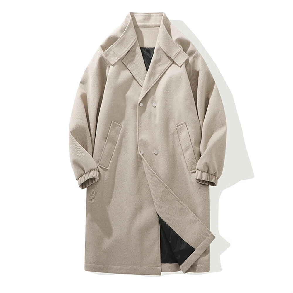 Men's Wool Blend Trench Coat Winter Warm Slim Fit Double Breasted Long Top Coat