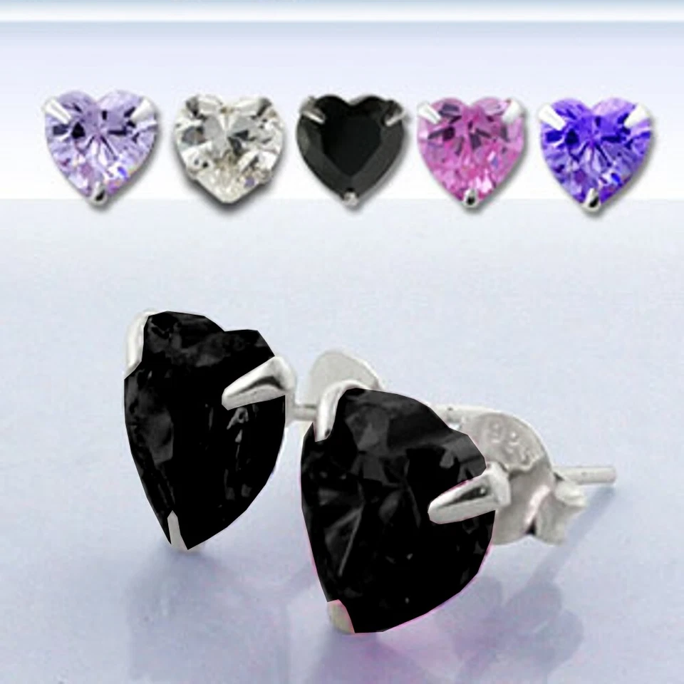 1 Paar 925 Silber Herz Ohrringe Ohrstecker Zirkonia Hip Hop Schwarz Ø 6mm - Bild 2 von 2