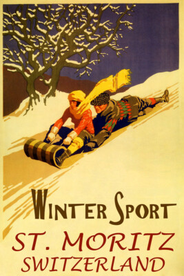 St. Moritz Winter Sport Snow Mountain Sledding Fun Vintage Poster Repro FREE S/H