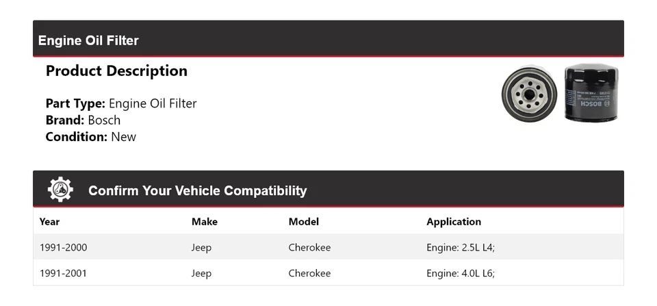 For 1991-2001 Jeep Cherokee Bosch Engine Oil Filter 1992 1993 1994 1995 1996 - Изображение 2 из 3