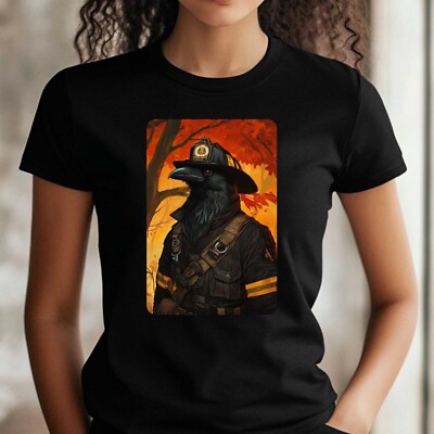 Frauen T-Shirt Krähe als Feuerwehrmann Motiv Baumwolle Größe S bis 3XL