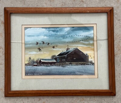 Signed Original C Booth Farcus Watercolor Rustic Barn Canada Geese in Flight
