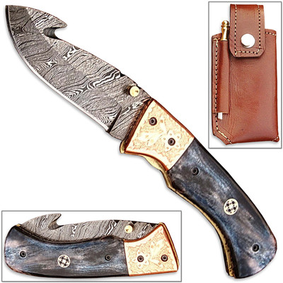 Forged Damascus Steel Folding Knife Guthook Giraffe Bone Handle Engraved Brass
