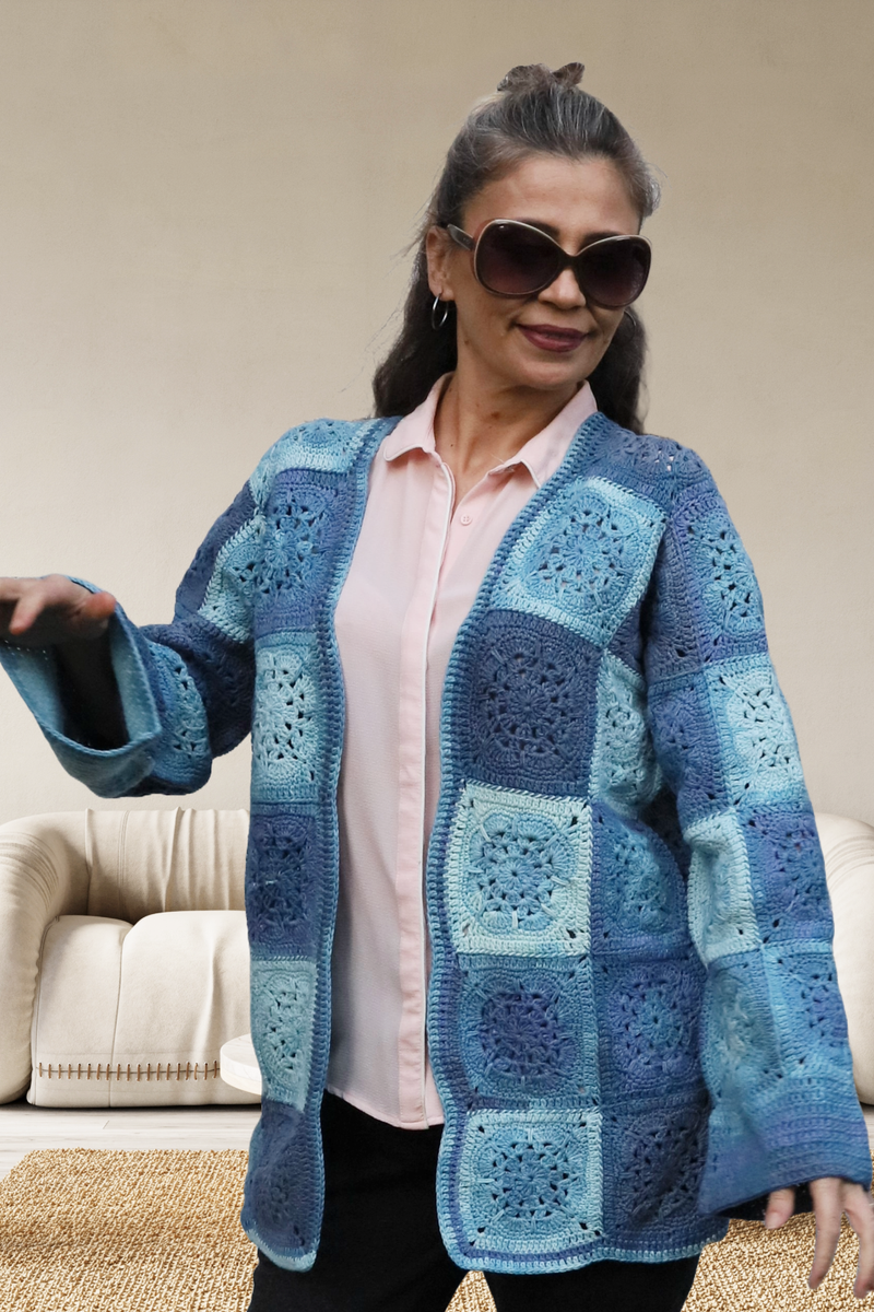 Knit Women Jacket, Boho Crochet Coat, Patchwork Vintage Style