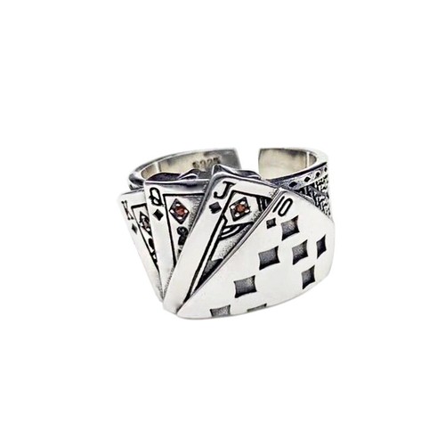 Men's Ring Adjustable Carved Playing Card Poker Casino Stainless Steel Silver - Picture 4 of 6