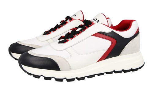 PRADA PRAX01 SNEAKERS SHOES 2EG403 WHITE BLACK RED LEATHER NYLON US 11.5 EU 44,5