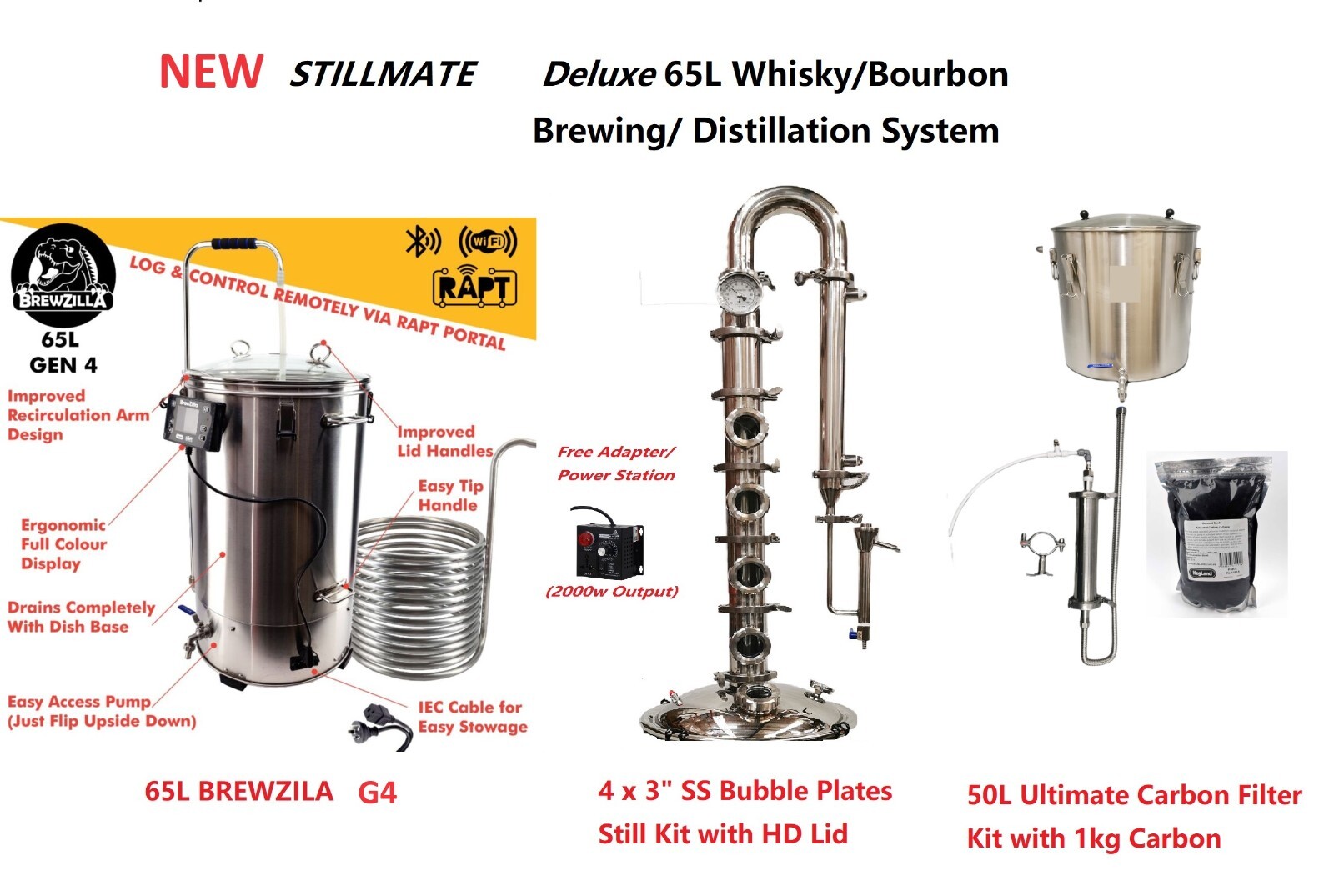New StillMate 65L Full Set Brewery & 4 x 3" Stills Column for making Whiskey