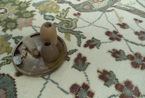 Custom Made Ivory, Maroon, Green And Peach  Jungle Hand Knotted Wool Area Rug - Picture 10 of 12