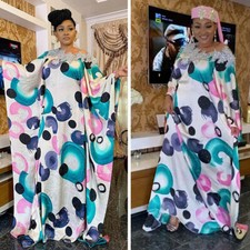 Women Satin Printed African Oversize Long Maxi Dress Batwing Sleeve Loose Kaftan