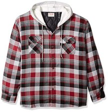 Wrangler Mens Quilted Lined Flannel Shirt Jacket w/ Hood  Biking Red  Large