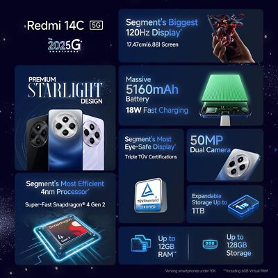 Redmi 14C 5G (Stargaze Black, 4GB RAM, 64GB Storage) | Superfast