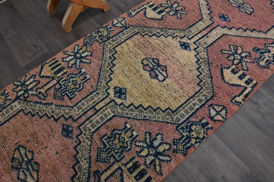 Vintage Turkish Runner Rug 3x11ft Wool Anatolian Handmade Hallway Oushak PINK - Image 3 of 4