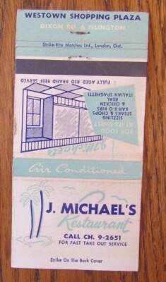 TORONTO, ONTARIO MATCHBOOK COVER: J. MICHAEL'S RESTAURANT 1960s MATCHCOVER -A