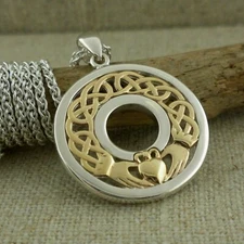 Sterling Silver & 10K Gold Celtic Claddagh Pendant Keith Jack 18" Chain Boxed 