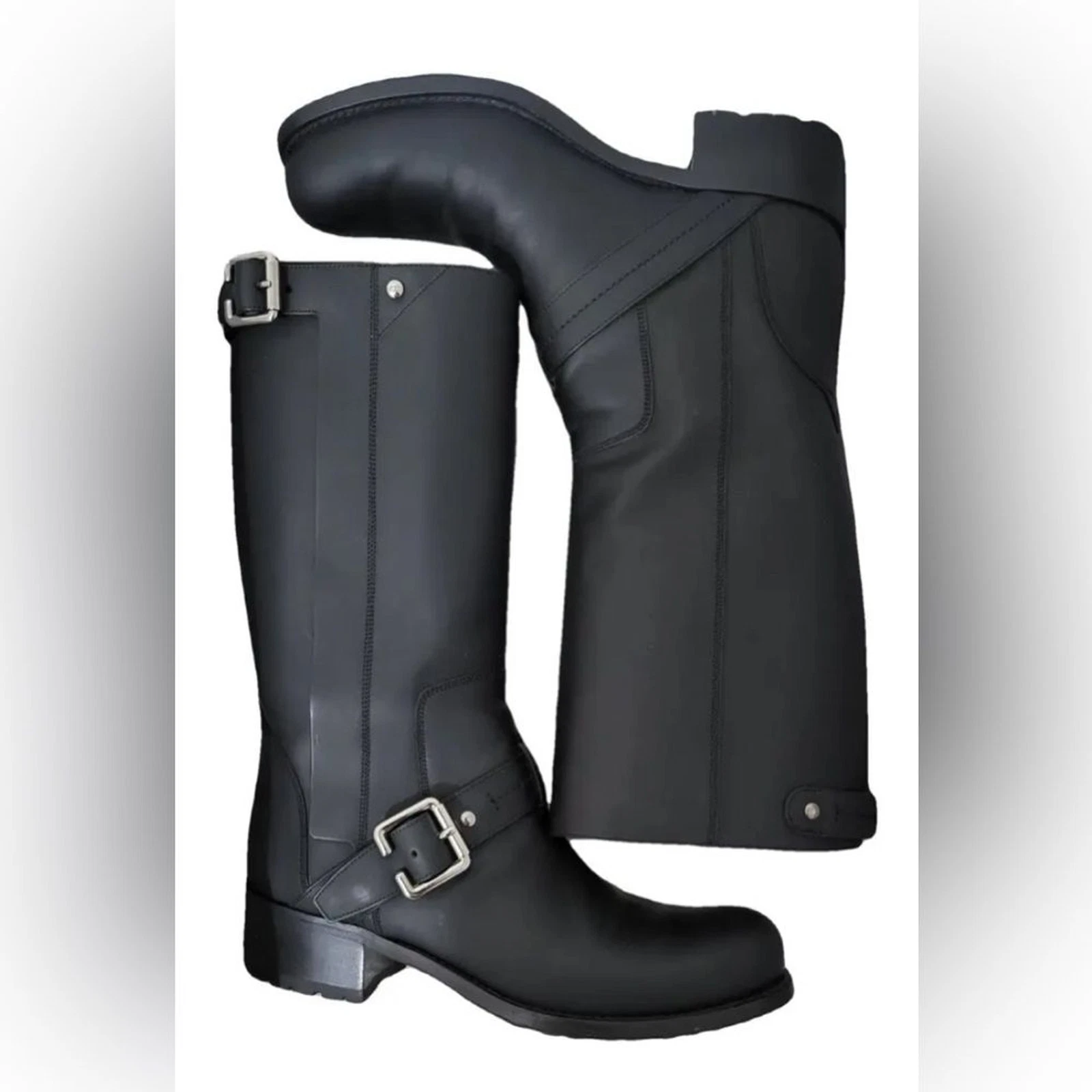 NOUVELLES BOTTES EN CUIR CHRISTIAN DIOR noir fausse fourrure moto motard IT37 US7