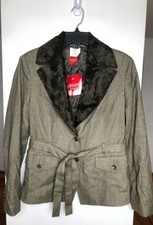 Olsen Europe Womens Size 10 Blazer Brown Striped Faux Fur Collar Belted New $3