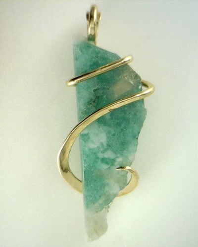 15.94ct Rare Rough Emerald Slice in 14kt Gold Art Wrap Pendant - Picture 2 of 4