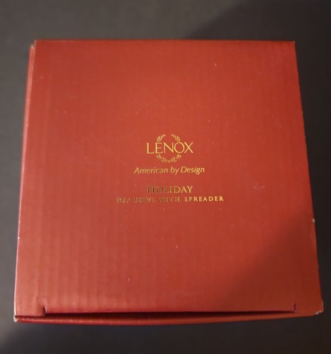 New Lenox Christmas Holly & Berry Gold Trim Holiday Dip Bowl & Spreader in Box - Picture 3 of 8