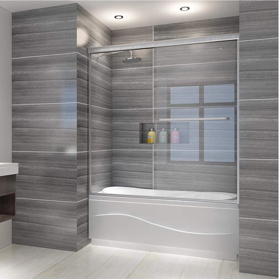 ELEGANTE 60" W X 62" H Bañera Ducha Puerta Corredera 6mm Panel Vidrio Níquel Cepillado Foto 3 de 4