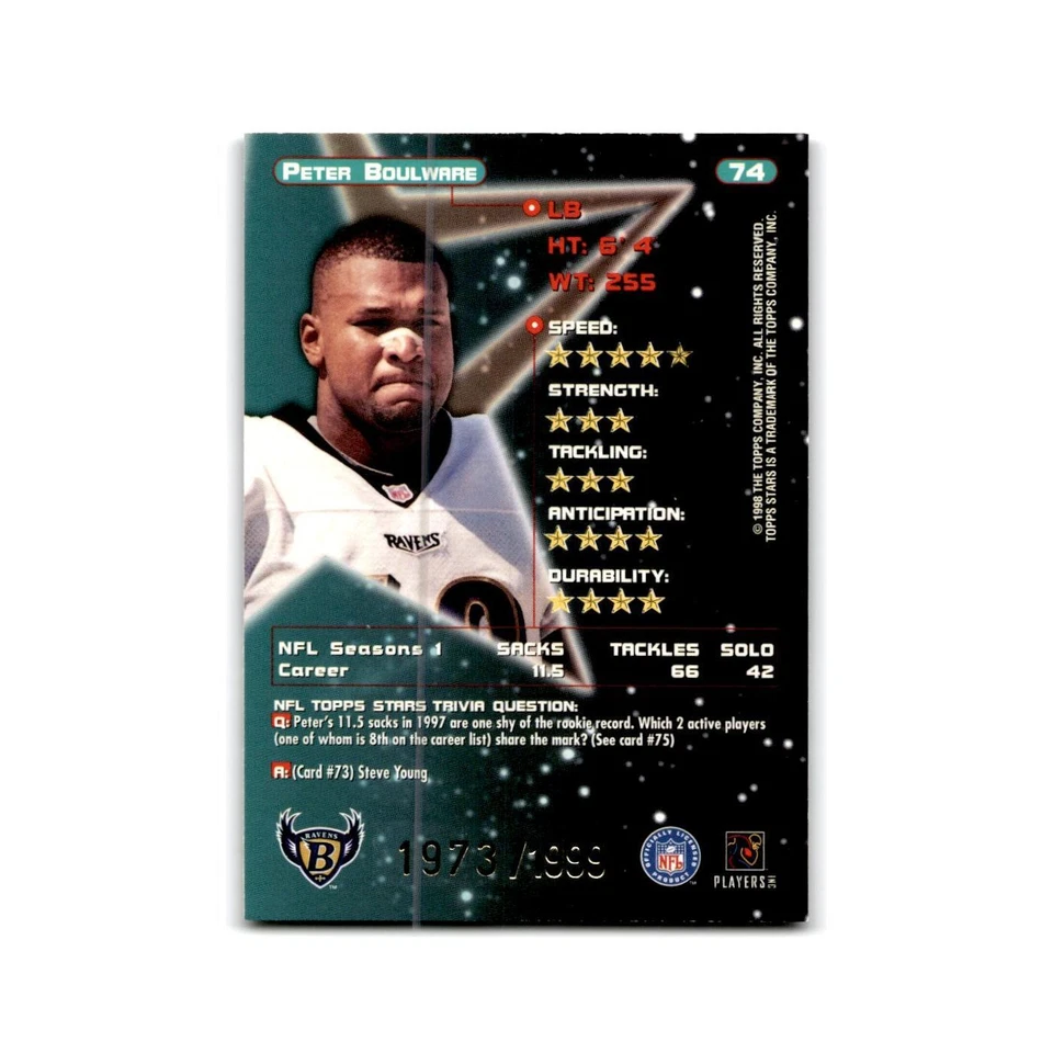 Peter Boulware #/1999 1998 Topps Stars #74 Baltimore Ravens Football Card NM - Image 2 of 3