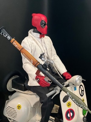 Custom Deadpool 1/6 Scale White Tuxedo Figure w/ Die-Cast Metal Vespa Scooter
