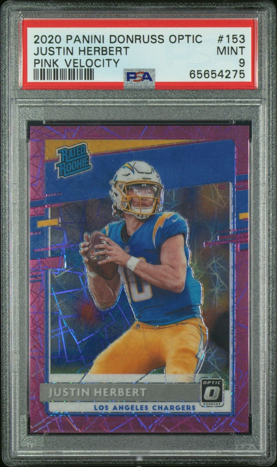 2020 Panini Donruss Optic Justin Herbert Pink Velocity #/79 Rookie Card PSA 9