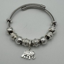 Silver Tone Elephant Charm Beaded Bangle Bracelet Adjustable One Size Fits Most