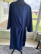 Tahari ASL Women's Blue Round Neck 3/4 Sleeve Side-Tie Dress Plus Size 18W
