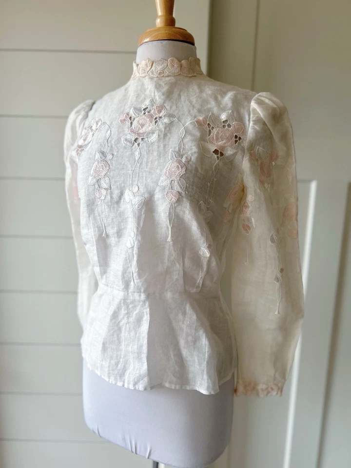 Victorian Linen Blouse Cloak Of Many Colors 100% Natural Fiber Embroidery Floral - Image 3 of 4