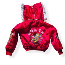 Vintage Sukajan Kids Souvenir Jacket Red Dragon Embroidered Bomber Hooded 9 10