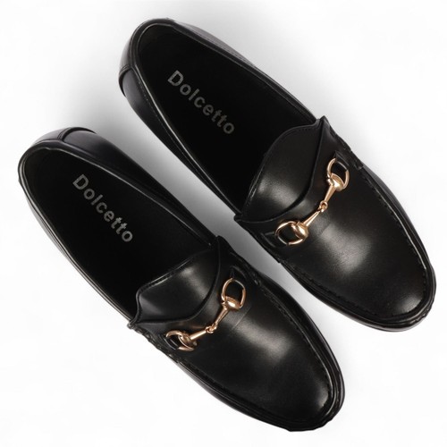 Herren Schwarz Mokassin Gold Schnalle Halbschuhe Leder Gefüttert Business Freizeit Schuhe - Bild 4 von 6