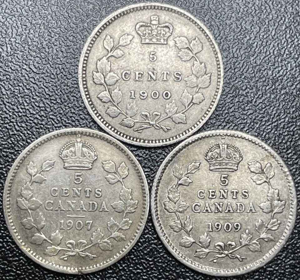 Lot of 3 Canadian 5 Cent Silver Coins 1900, 1907 & 1909 - Image 2 of 2