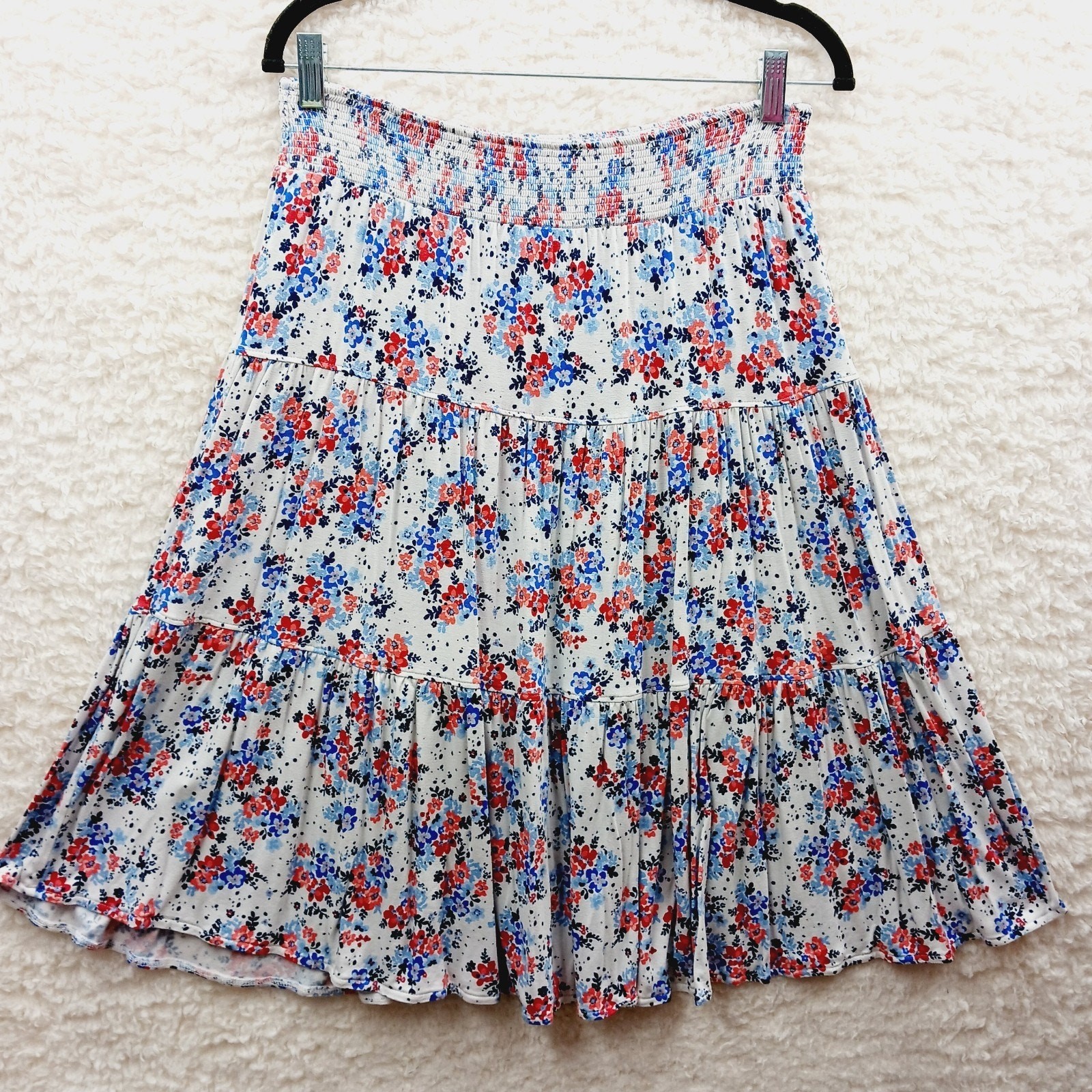 Skirt Midi Blue Red Tiered Floral Smocked Bloomcore Cottagecore Peasant Size M-image