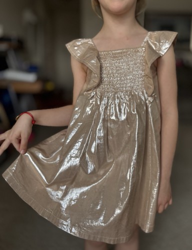 Toddler Girl Kid Cute Stylish Metallic Flutter Sleeves Brown Shiny Dress 4t - Picture 1 of 15