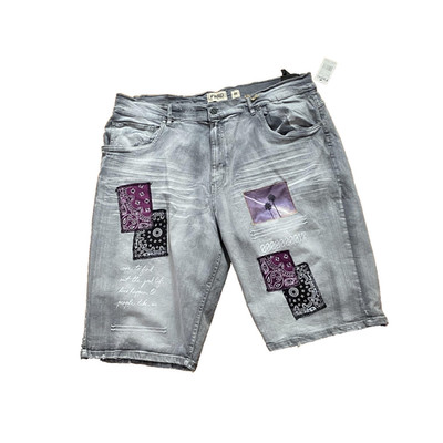 FWRD Denim Shorts Mens 46 Gray Bermuda Paisley Patchwork Palm Tree Distressed
