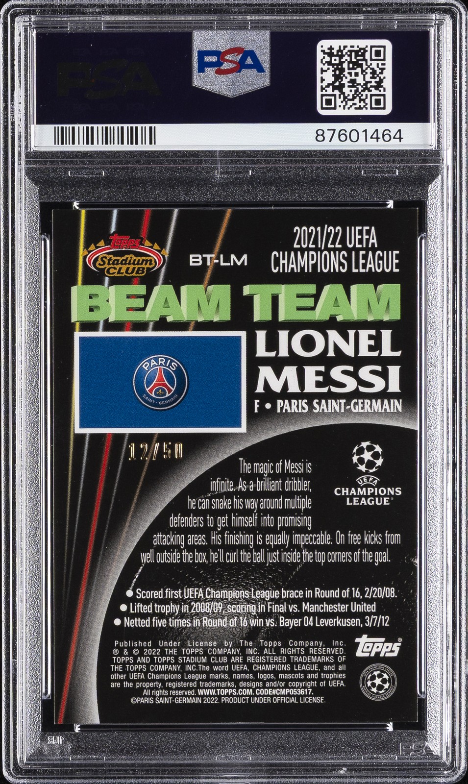 2021-22 TOPPS STADIUM CLUB BEAM TEAM GOLD REFRACTOR #LM LIONEL MESSI /50 PSA 10 view 2