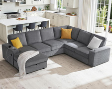 Oversized 112" U-Shaped Couch with Storage, USB Ports  Cup Holders - Grey