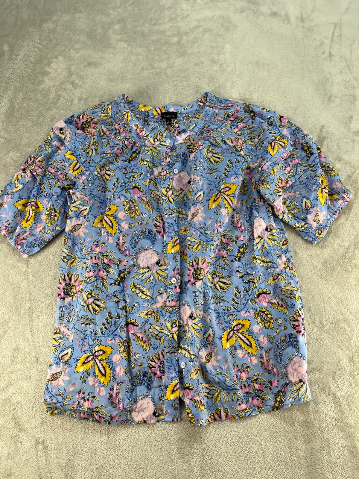 Talbots Floral Button Up Shirt Womens Medium Short Sleeve Casual Cotton