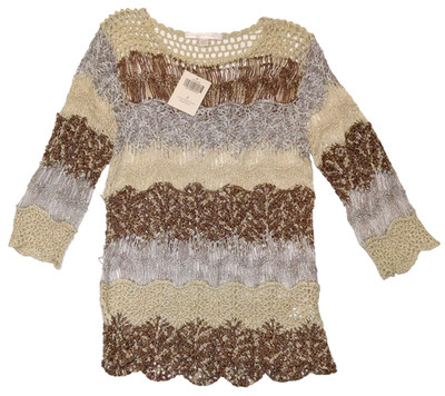 NWT Boston Proper Womens S Textured Crochet Top Sweater Brown Silver Boho