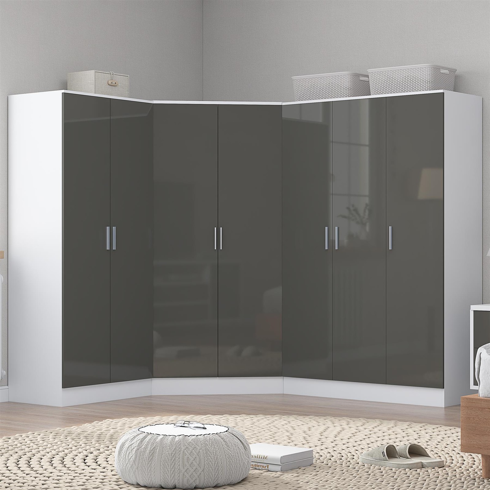 Reflect Wardrobe Bundle - Corner + 3 Door + 2 Door Plain - White / Grey - Grey Gloss / Matt White - Image 3