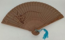 Folding Fan Hand-Carved Sandalwood Fan Brown Vintage Handmade Flower 15"