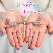 Leaf Bride Wedding Hair Pins Crystal Bridal Head Dress Pearl Hair Accessories...