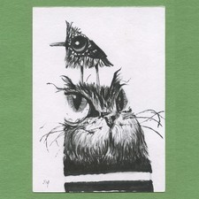 ACEO art card original pen and ink drawing pop surreal Ink Cat 27 Tim Olly