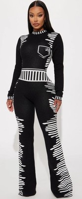 Black/White All In The Mix Wide Leg Sweater Jumpsuit - Size XL