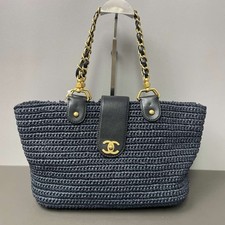 Chanel Raffia Woven Tote Shoulder Bag Navy Blue Gold CC Hardware Authentic