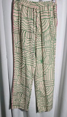 ZARA Graffiti Linen Blend Pants S Boho Festival Summer Flare Multicolor NWOT