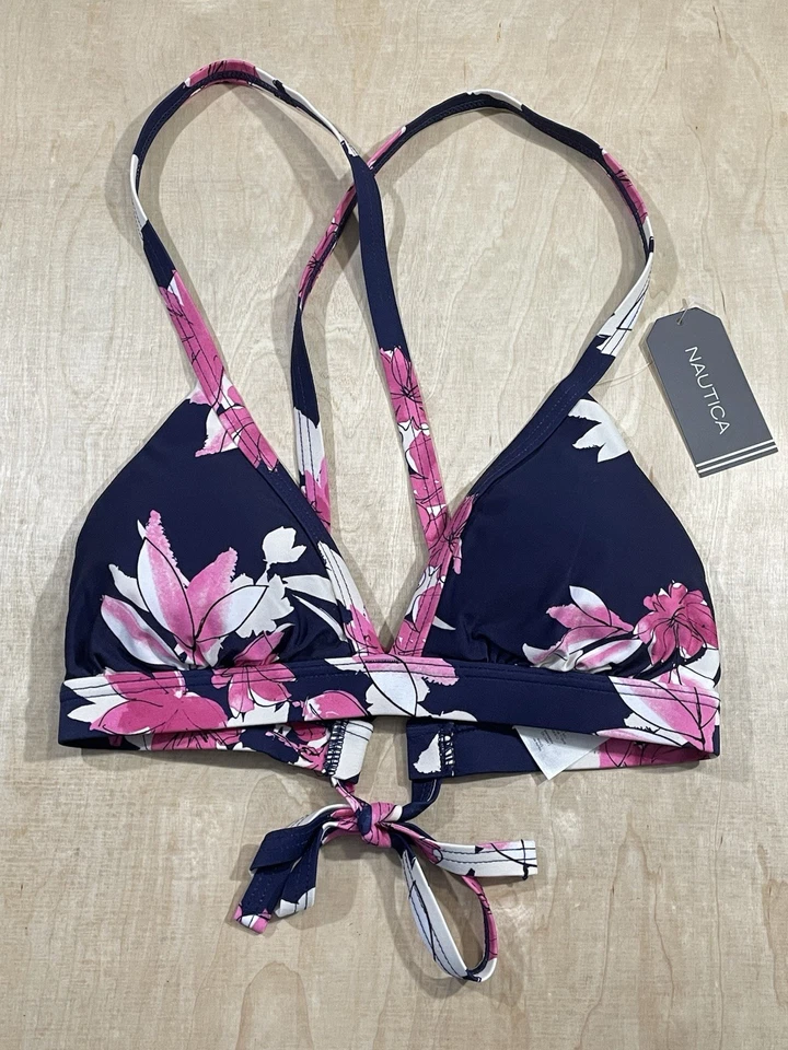 Top de bikini Nautica azul marino y rosa floral tirantes entrecruzados. Talla pequeña nueva con etiquetas Foto 4 de 4