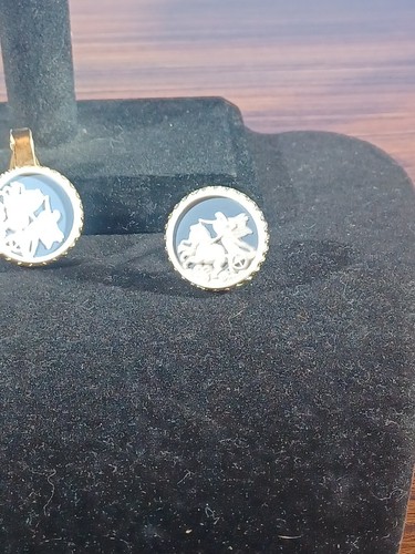 Vintage Cameo Trojan War Cufflinks & Tieclip Blue And White Horses - Picture 9 of 12